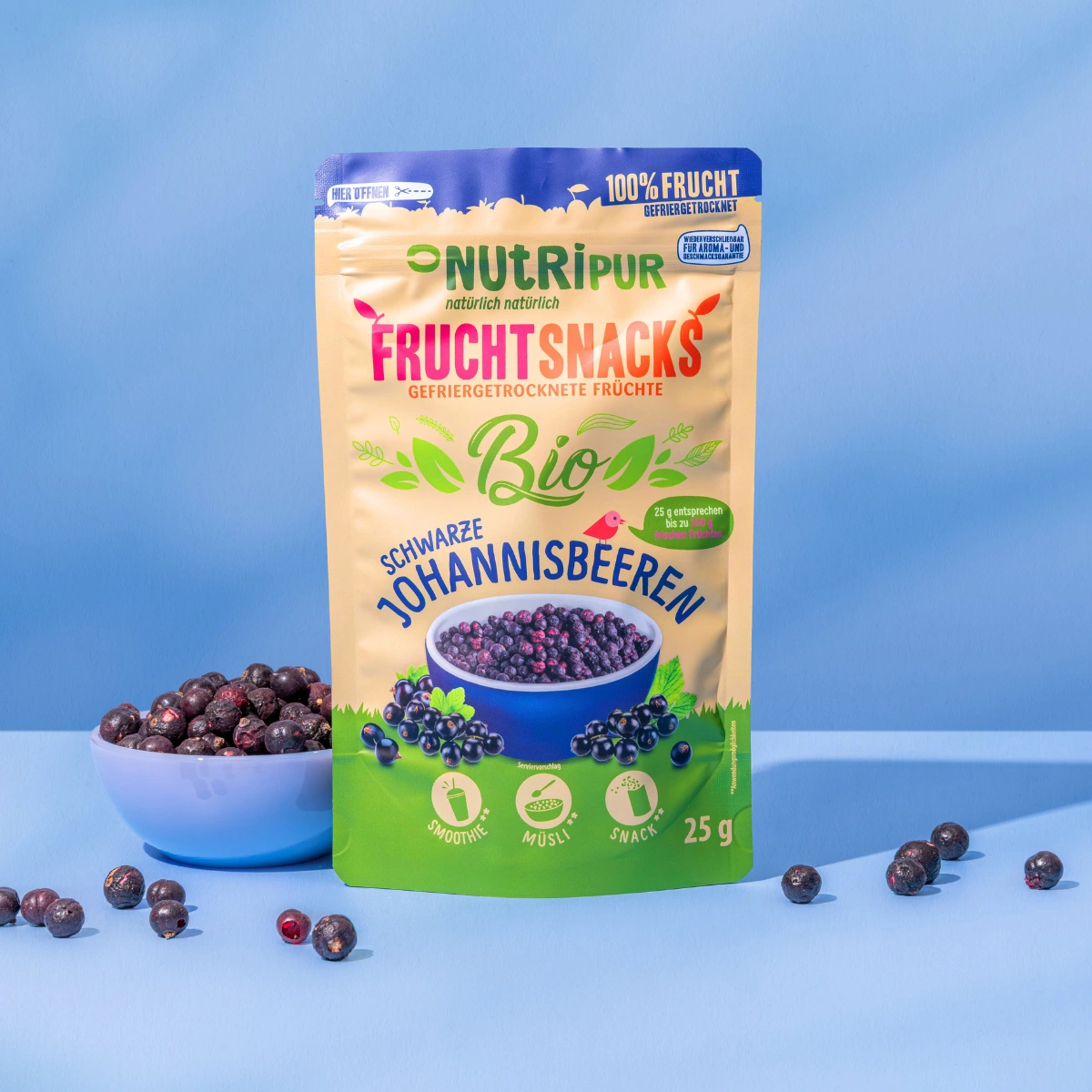 Her er et produktbillede af de frysetørrede solbær fra NutriPur