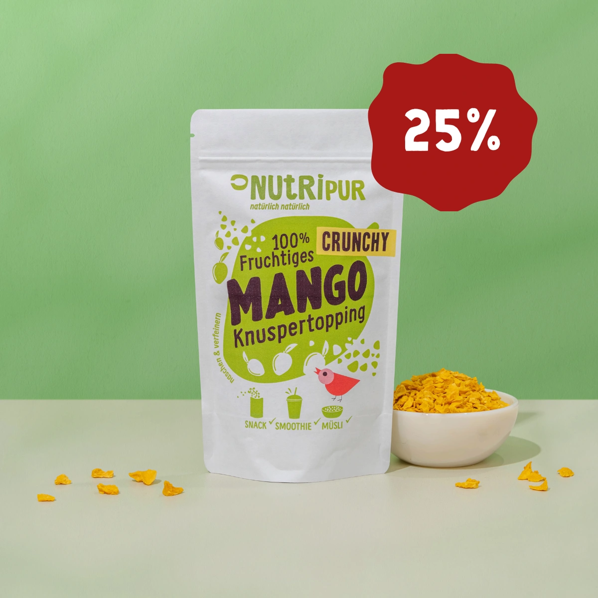 Her er et produktbillede af Nutripurs crunchy mangotopping.
