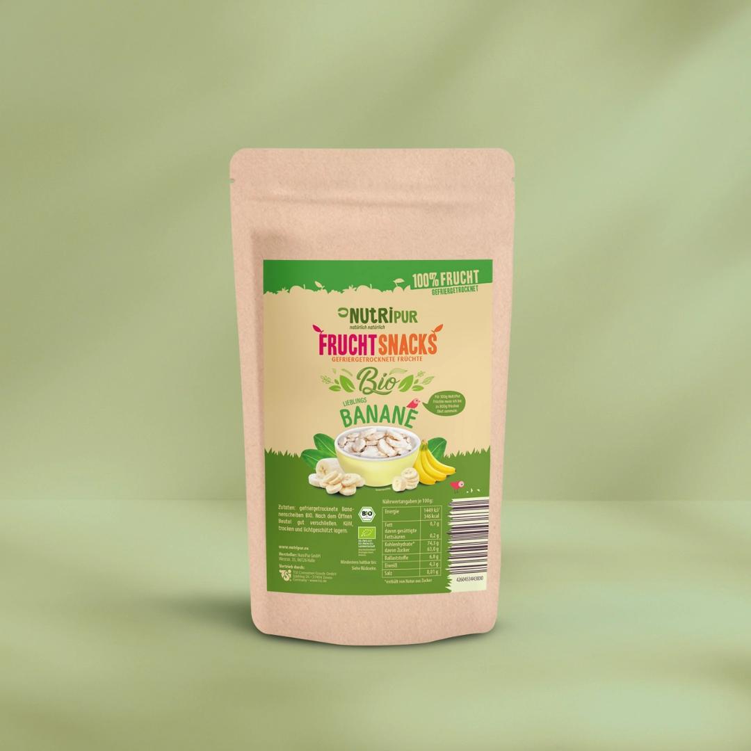 Her er et produktbillede af de frysetørrede økologiske bananer fra NutriPur.