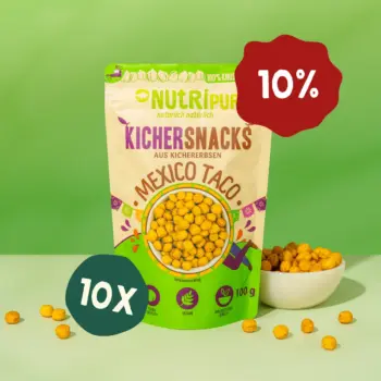 Her er et produktbillede af tilbuddet med kikærtesnacksene “Mexico Taco” i 10x100 gram. Nu 10 procent rabat.