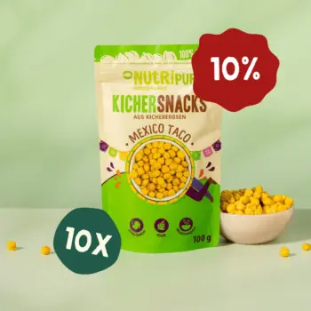 Her er et produktbillede af tilbuddet med kikærtesnacksene “Mexico Taco” i 10x100 gram.