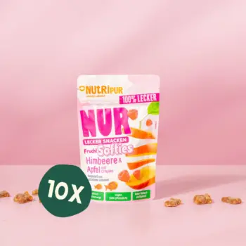 Her er et produktbillede af tilbuddet med det bløde frugtslik “Softies” med hindbær og æble med crispies i 10x35 gram.