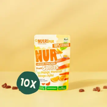 Her er et produktbillede af tilbuddet med det økologiske bløde frugtslik “Softies” med mango, passionsfrugt, appelsin i 10x35 gram.