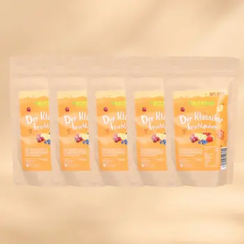 Her er et produktbillede af tilbuddet med det frysetørrede økologiske frugtpulver “Klassiker” i 5x100 gram. Nu 30 procent rabat.