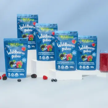 Her er et produktbillede af tilbuddet med det frysetørrede økologiske frugtpulver “Skovbær” i 5x100 gram.