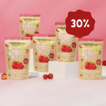 Her er et produktbillede af tilbuddet med det økologiske jordbærfrugtspulver i 5x100 gram. Nu 30 procent rabat.