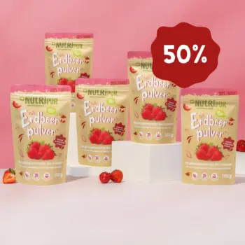 Her er et produktbillede af tilbuddet med det økologiske jordbærfrugtspulver i 5x100 gram.