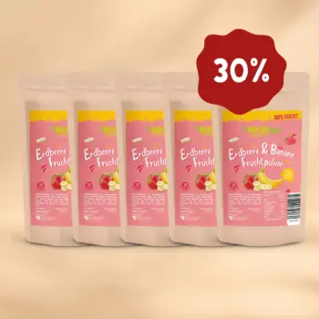 Her er et produktbillede af tilbuddet med det frysetørrede frugtpulver “Jordbær-Banan” i 5x100 gram. Nu 30 procent rabat