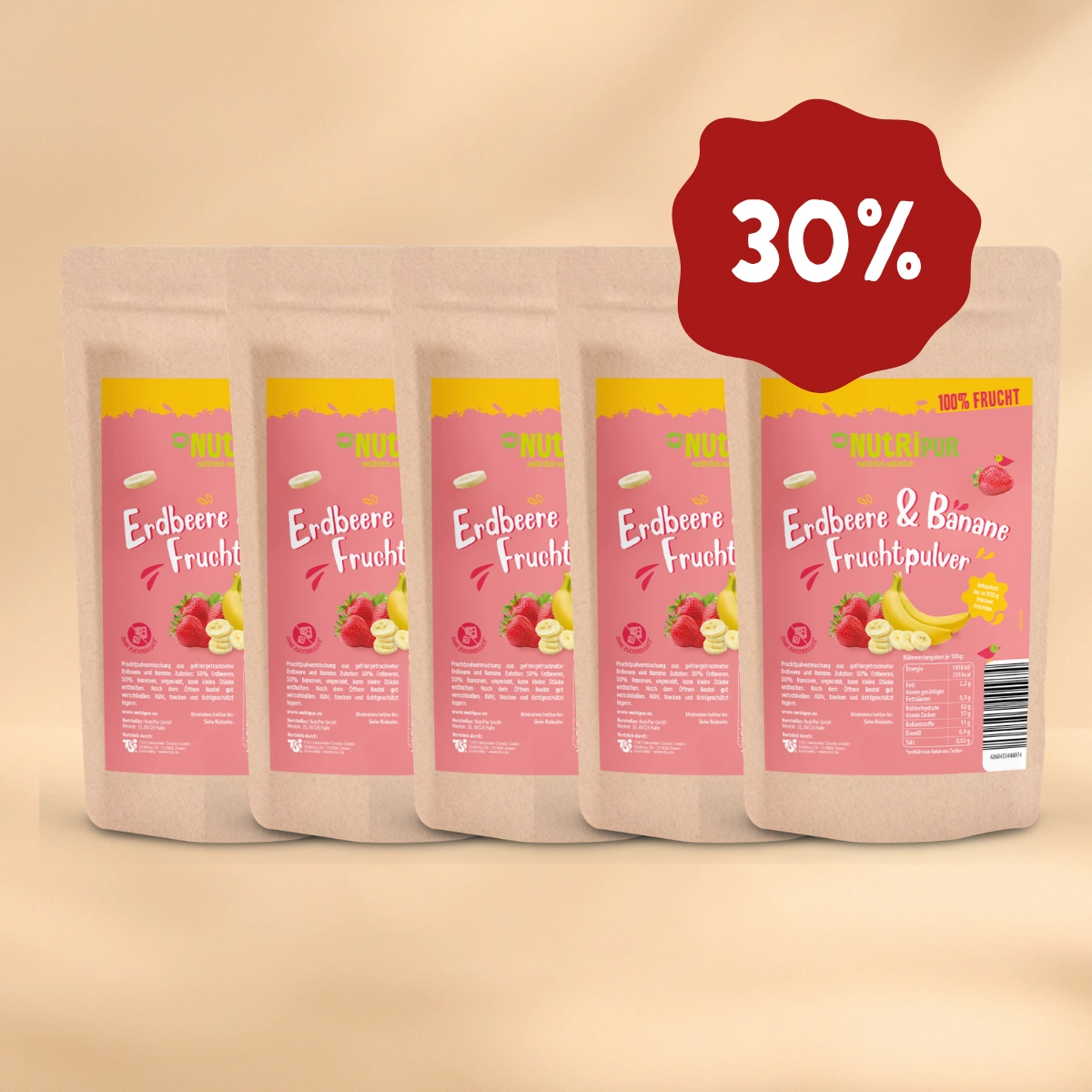Her er et produktbillede af tilbuddet med det frysetørrede frugtpulver “Jordbær-Banan” i 5x100 gram. Nu 30 procent rabat
