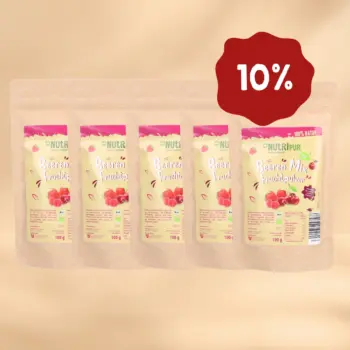 Her er et produktbillede af tilbuddet med det frysetørrede økologiske frugtpulver “Kirsebær og Bær” i 5x100 gram. Nu 10 procent rabat.