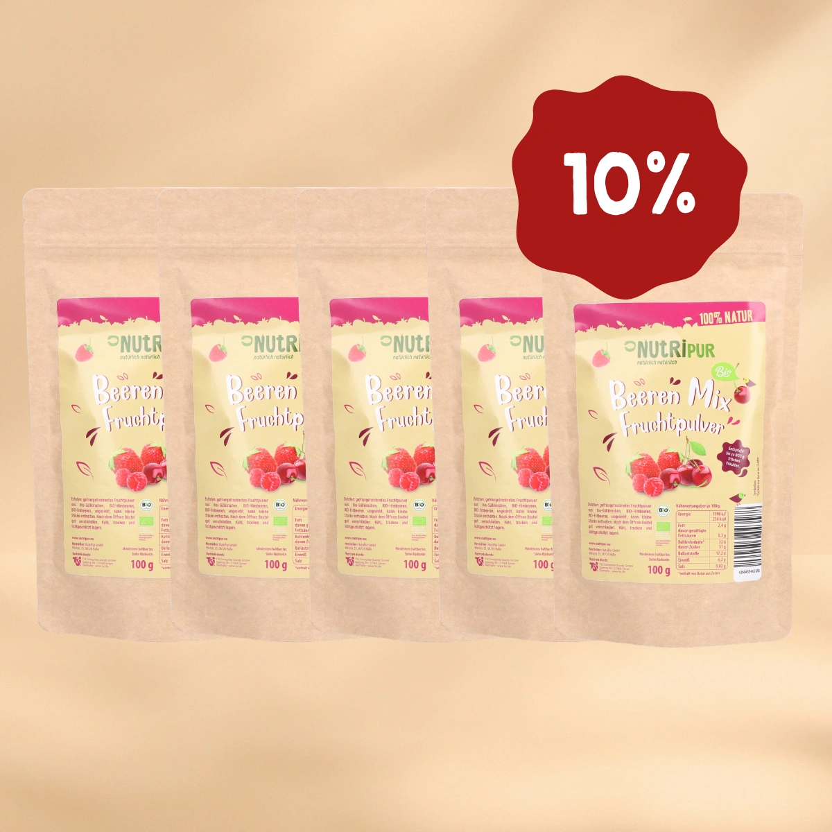 Her er et produktbillede af tilbuddet med det frysetørrede økologiske frugtpulver “Kirsebær og Bær” i 5x100 gram. Nu 10 procent rabat.