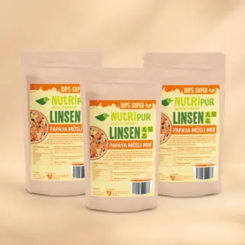 Her er et produktbillede af tilbuddet med "Papaya" linsemüsli i 3x150 gram.