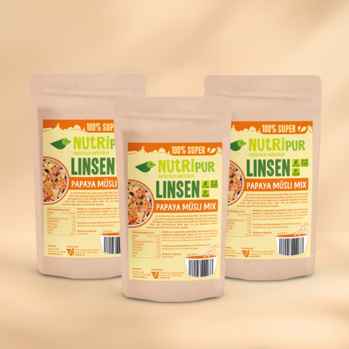 Her er et produktbillede af tilbuddet med "Papaya" linsemüsli i 3x150 gram.