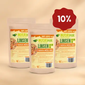 Her er et produktbillede af tilbuddet med "Papaya" linsemüsli i 3x150 gram.