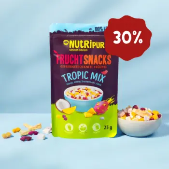 Her er et produktbillede af NutriPurs frysetørrede frugtmix “Tropic Mix” Nu 30 procent rabat