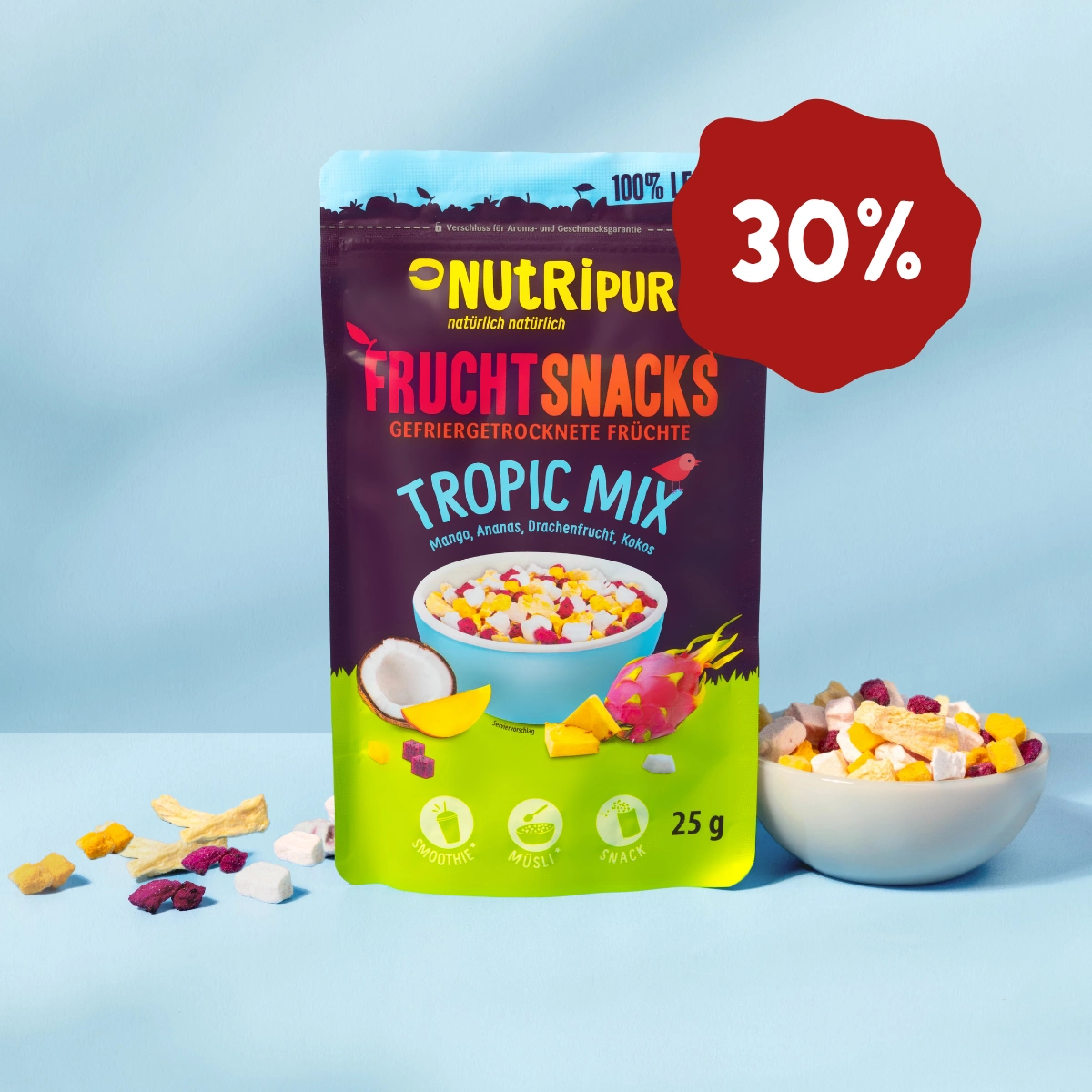 Her er et produktbillede af NutriPurs frysetørrede frugtmix “Tropic Mix” Nu 30 procent rabat