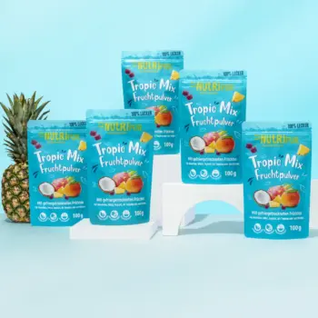 Her er et produktbillede af tilbuddet med det frysetørrede økologiske frugtpulver “Tropic-Mix” i 5x100 gram.