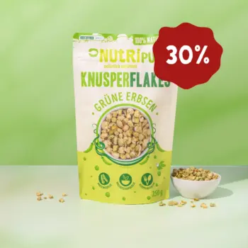 Her er et produktbillede af Nutripurs grønne ærteflager. Nu 30 procent rabat