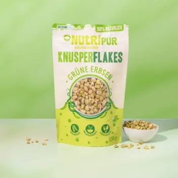Her er et produktbillede af Nutripurs grønne ærteflager.