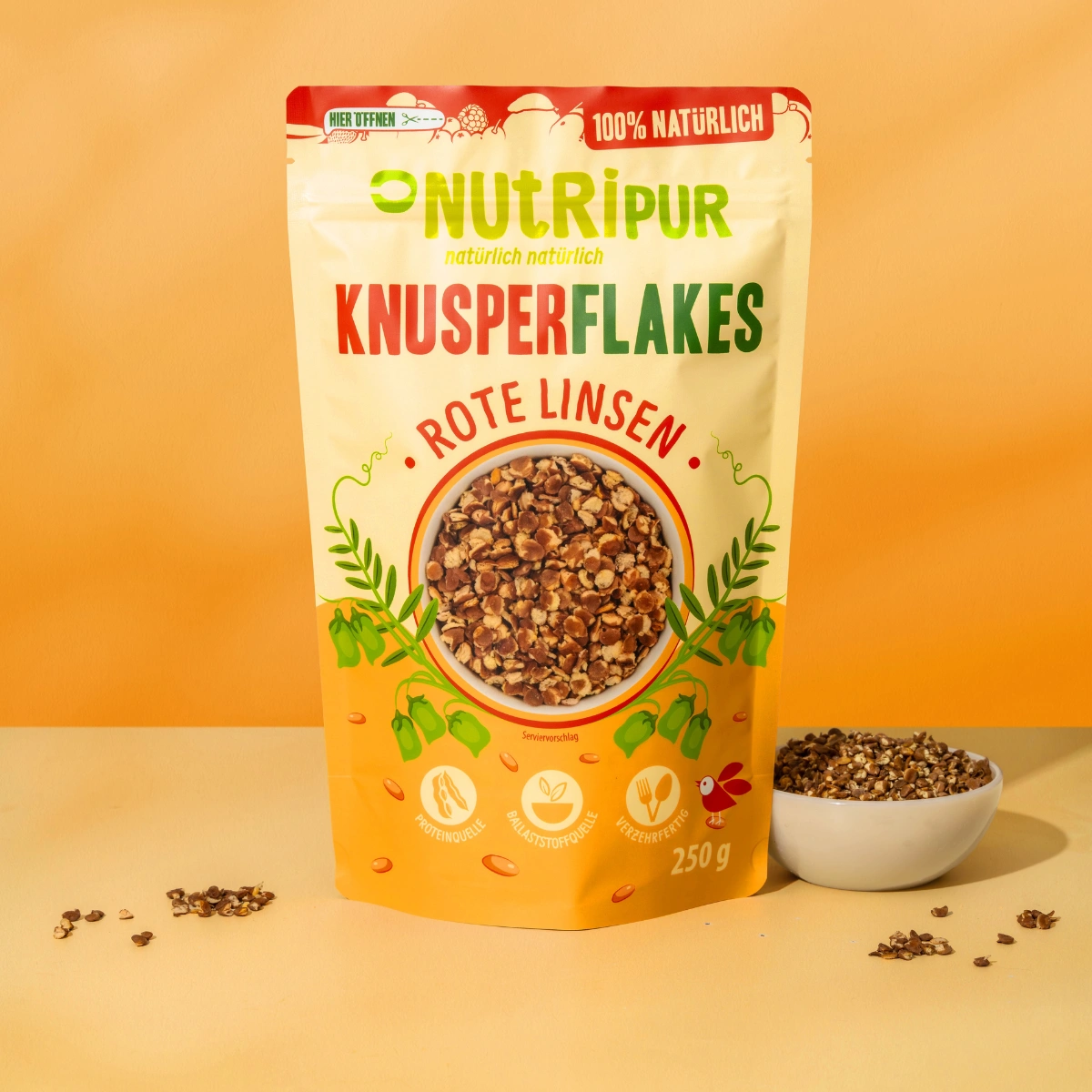 Her er et produktbillede af Nutripurs sprøde flager af røde linser.