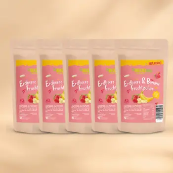 Her er et produktbillede af tilbuddet med det frysetørrede frugtpulver “Jordbær-Banan” i 5x100 gram.