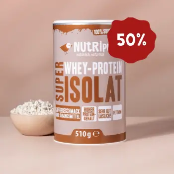 Her er et produktbillede af Super Isolat Whey Proteinpulver Kaffe 50 procent rabat