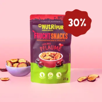 Her er et produktbillede af NutriPurs frysetørrede blommer. Nu 30 procent rabat.