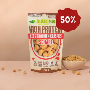 Produktbillede af de stærke hestebønne-crispies fra NutriPur. 50 procent rabat