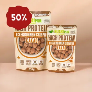 Her er et billede af de varianter af hestebønne-crispies med kakao, som NutriPur tilbyder til salg. 250 g nu 50 procent rabat