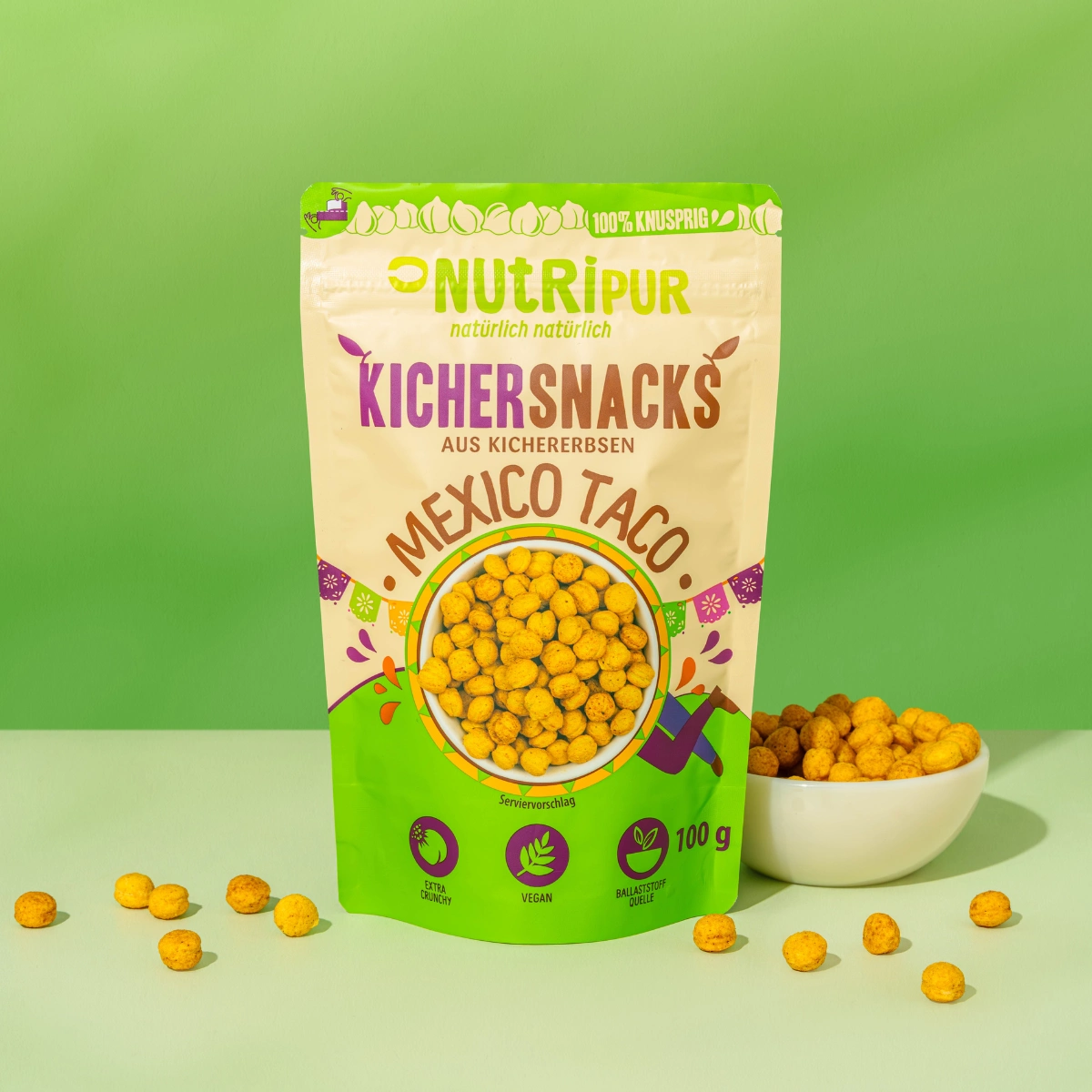 Produktbillede af NutriPurs ristede kikærtesnacks “Mexico Taco”.