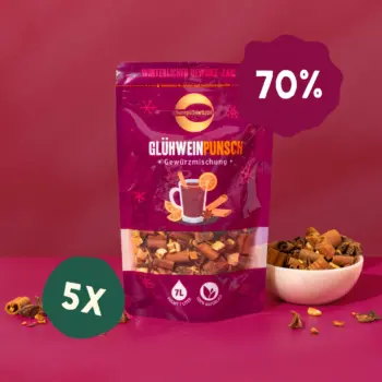 Her er et produktbillede af tilbuddet med gløgg- og punchkrydderi i 5x100 gram 70 procent rabat