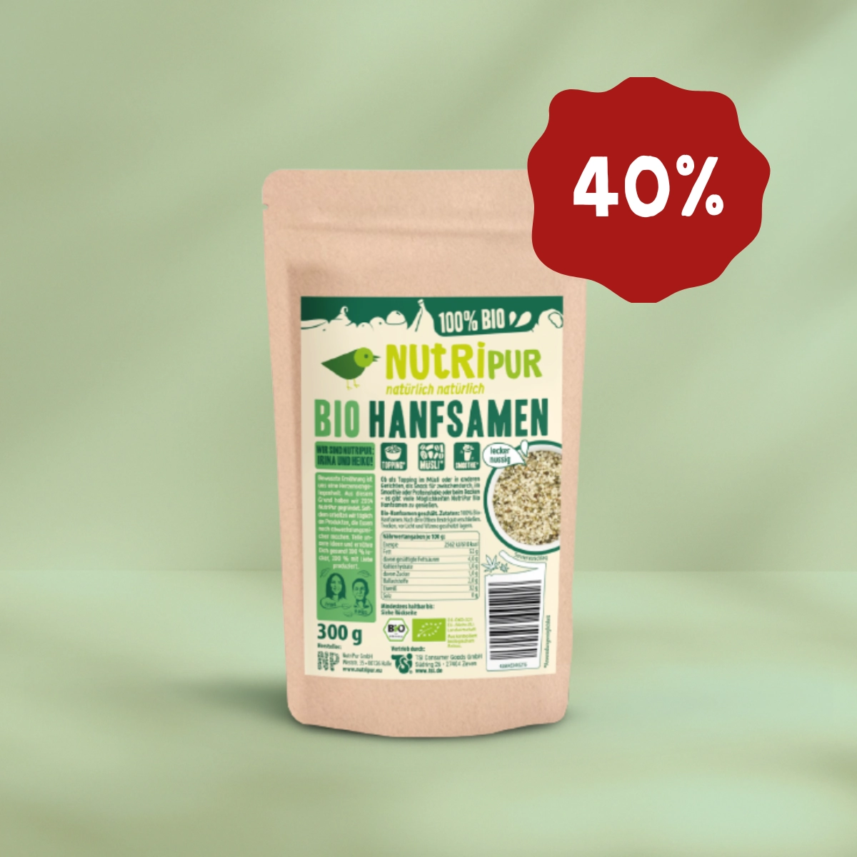 Her er et produktbillede af NutriPurs økologiske hampefrø. Nu 40 procent rabat