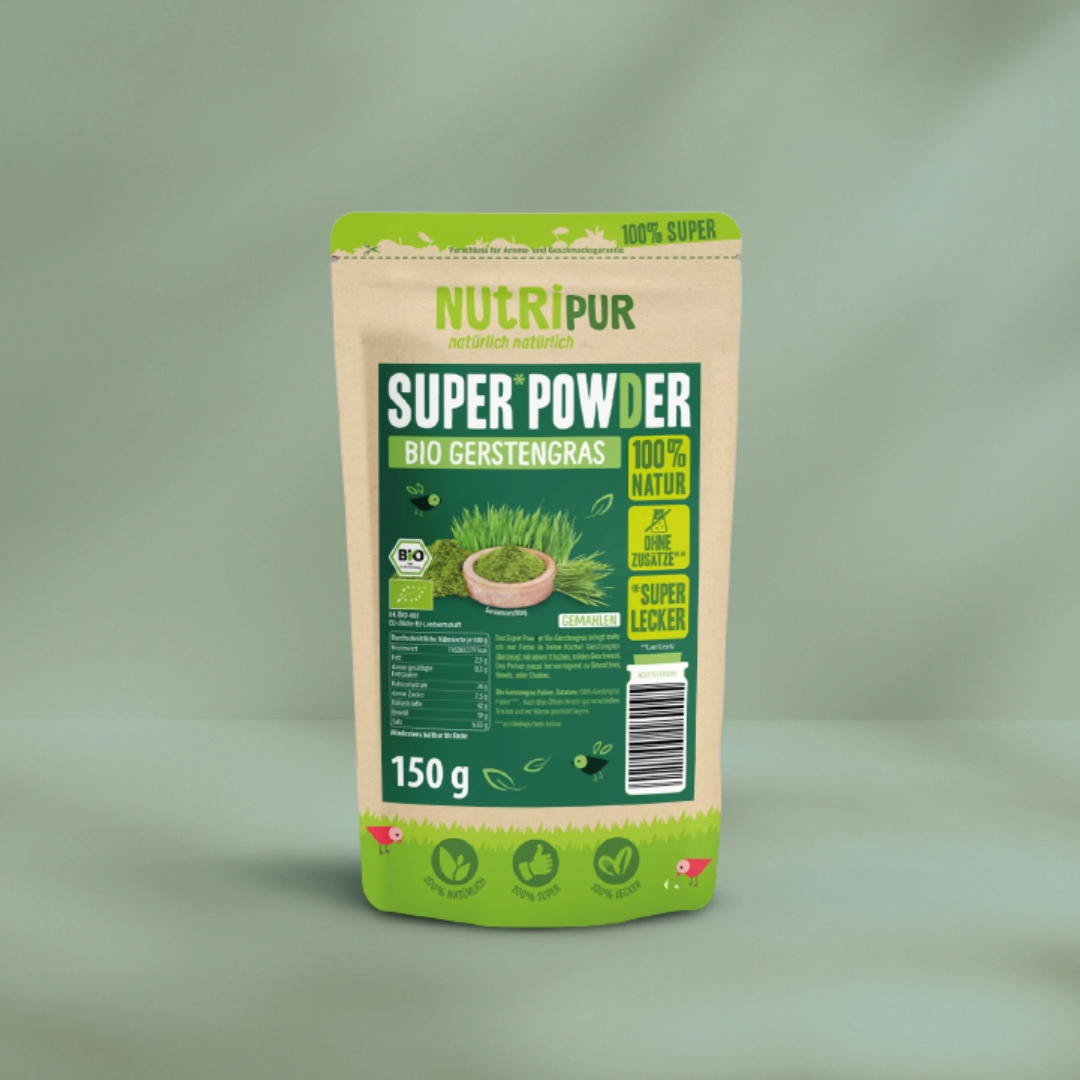 Her er et produktbillede af SuperPowder Økologisk Byggræspulver fra NutriPur.