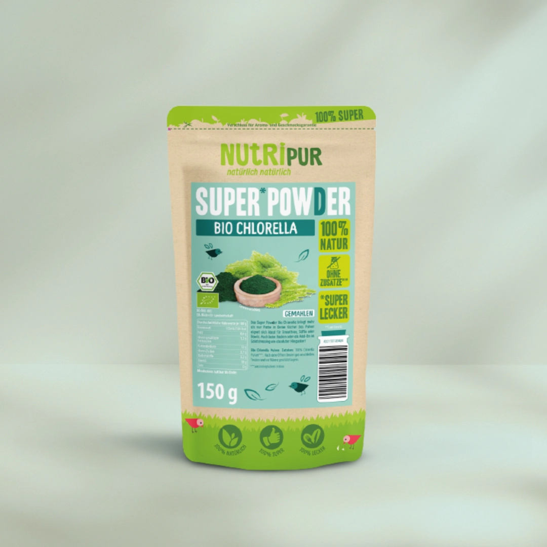 Her er et produktbillede af SuperPowder Økologisk Chlorella fra NutriPur