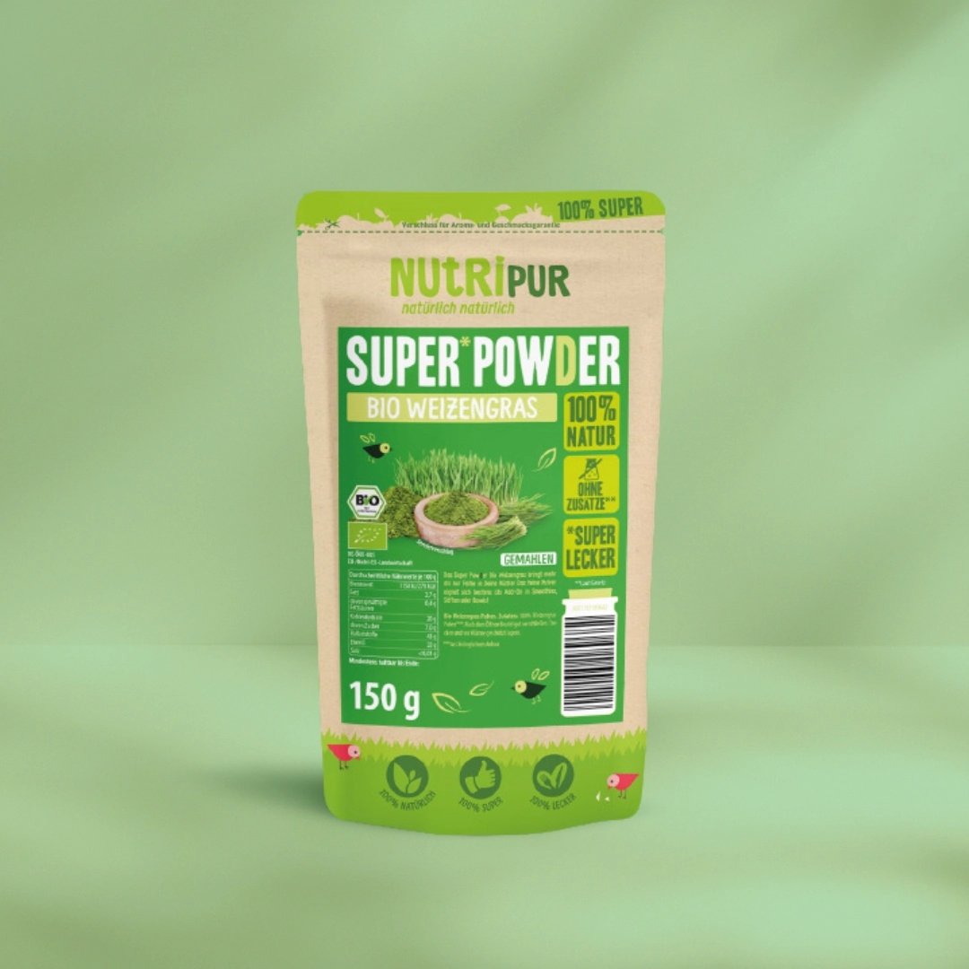Her er et produktbillede af SuperPowder Økologisk Hvedegræspulver fra NutriPur.