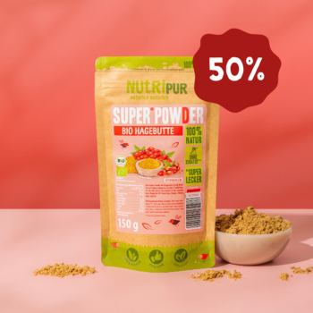 Her er et produktbillede af SuperPowder Økologisk Hybenpulver fra NutriPur. Nu 50 procent rabat