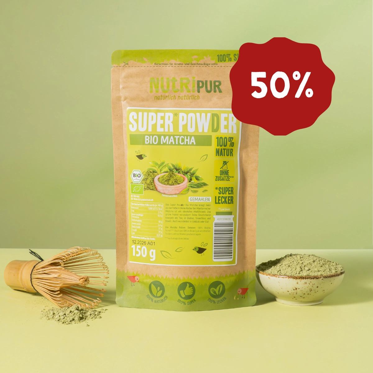 Her er et produktbillede af SuperPowder Økologisk Matcha-Pulver fra NutriPur.. Nu 50 procent rabat