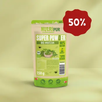 Her er et produktbillede af SuperPowder Økologisk Matchapulver fra NutriPur. Nu 50 procent rabat