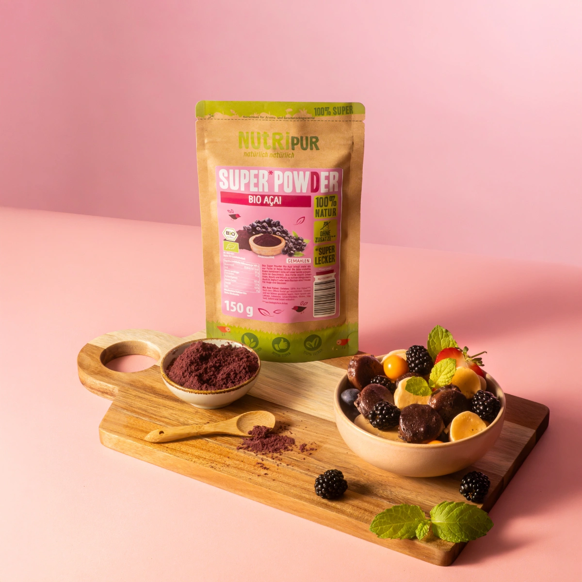 SuperPowder Bio-Acai med mini-pandekager