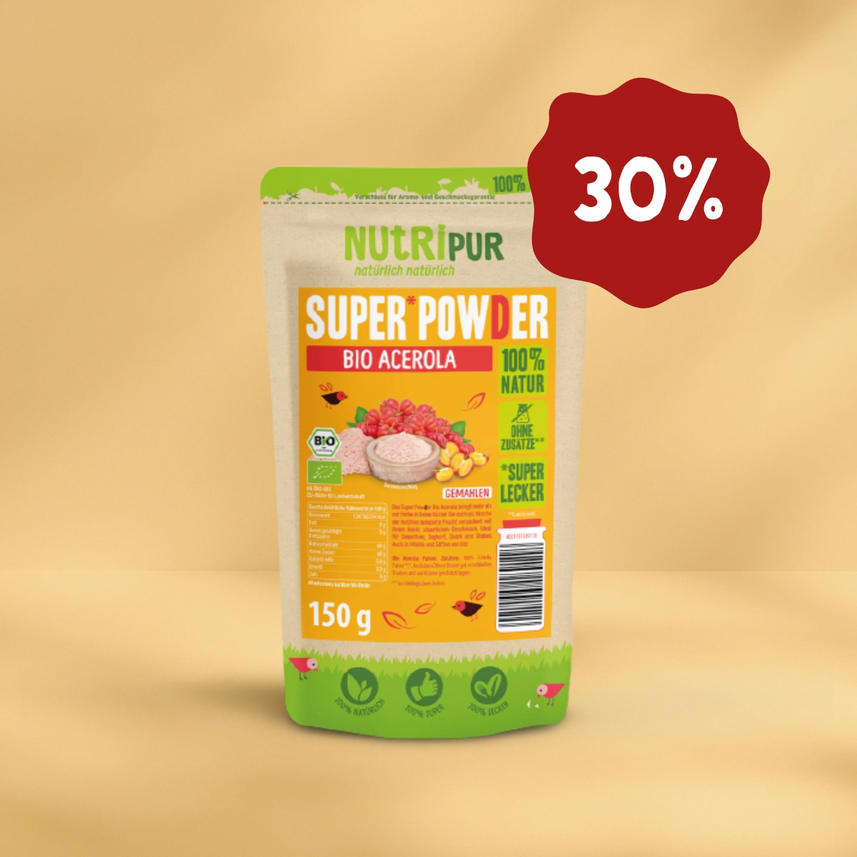 Her er et produktbillede af SuperPowder Økologisk Acerolapulver fra NutriPur. nu 30 procent rabat