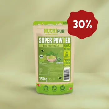 Her er et produktbillede af SuperPowder Økologisk Moringapulver fra NutriPur. Nu 30 procent rabat