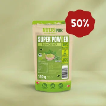 Her er et produktbillede af SuperPowder Økologisk Moringapulver fra NutriPur. Nu 50 procent rabat