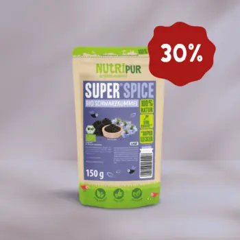 Her er et produktbillede af SuperSpice Økologisk Sortkommen (hele) fra NutriPur. Nu 30 procent rabat