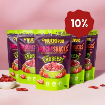 Her er et produktbillede af tilbuddet med frysetørrede økologiske jordbær 5x70 gram.