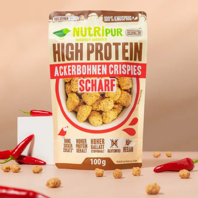 Detaljebillede af emballagen og de stærke hestebønne-crispies
