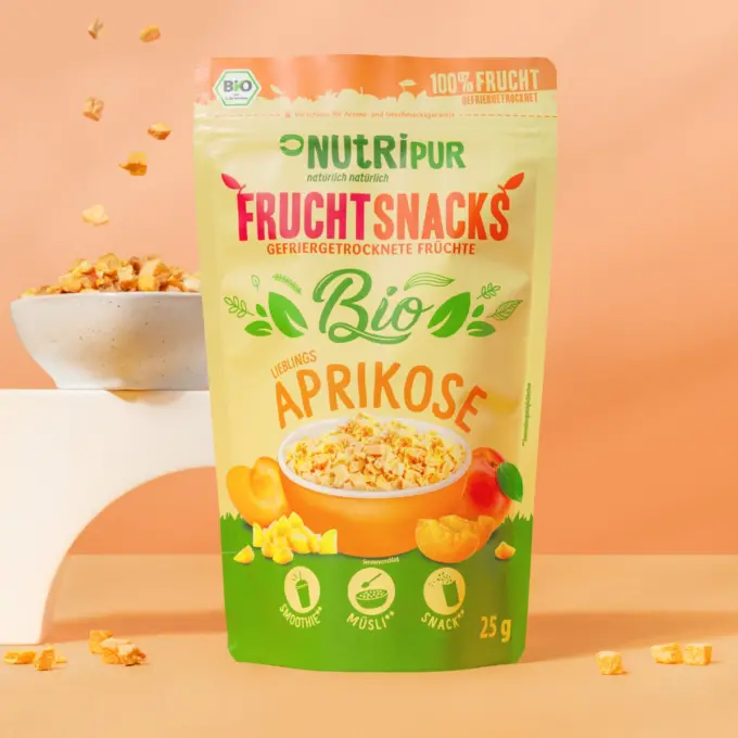 Detaljebillede af emballagen og frysetørrede ,,økologiske abrikoser’’.