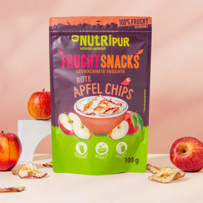 Detaljebillede af emballagen og de tørrede æblechips
