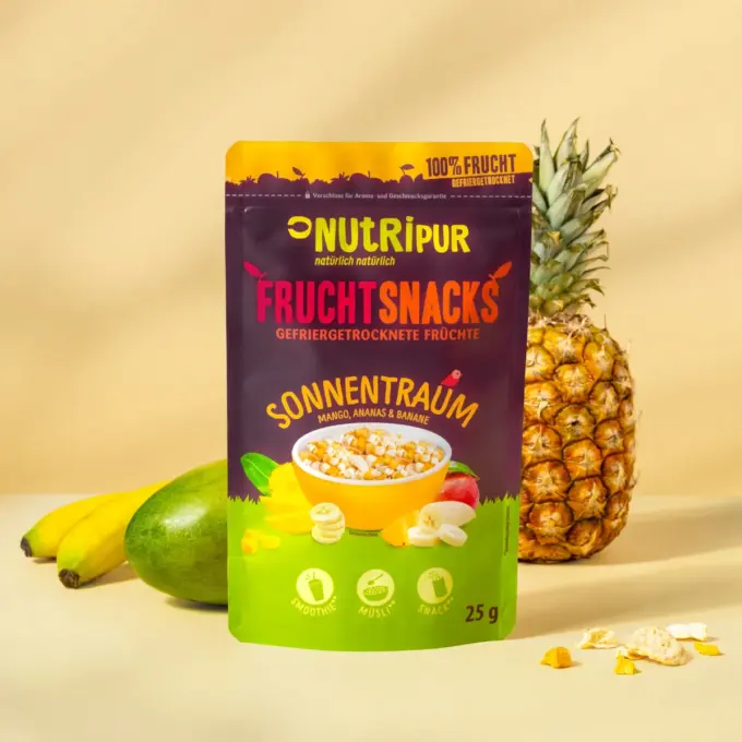 Detaljebillede af emballagen og den frysetørrede frugtblanding “Sun Dream”