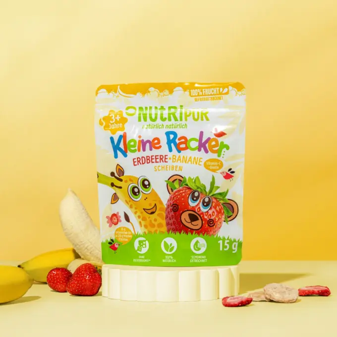 Detaljebillede af emballagen til Nutripurs “Lille Spilopmager Jordbær-Banan”