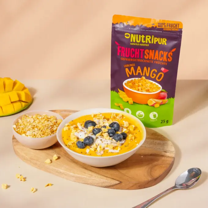Billedet viser frysetørrede mango i müsli